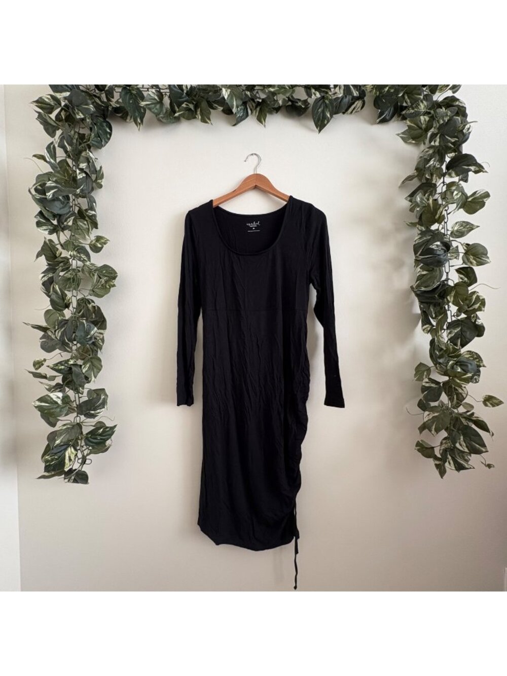 Isabel Maternity Scoop Neck Long Sleeve Ruched Tie Midi Dress Black Women’s Sz M